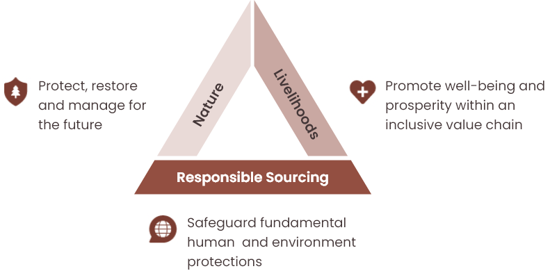 Nature: Protect, restore and manage the future / Livelihoods: Promote well-being and prosperity within an inclusive value chain / Responsible Sourcing: Safeguard fundamental human and environment protections